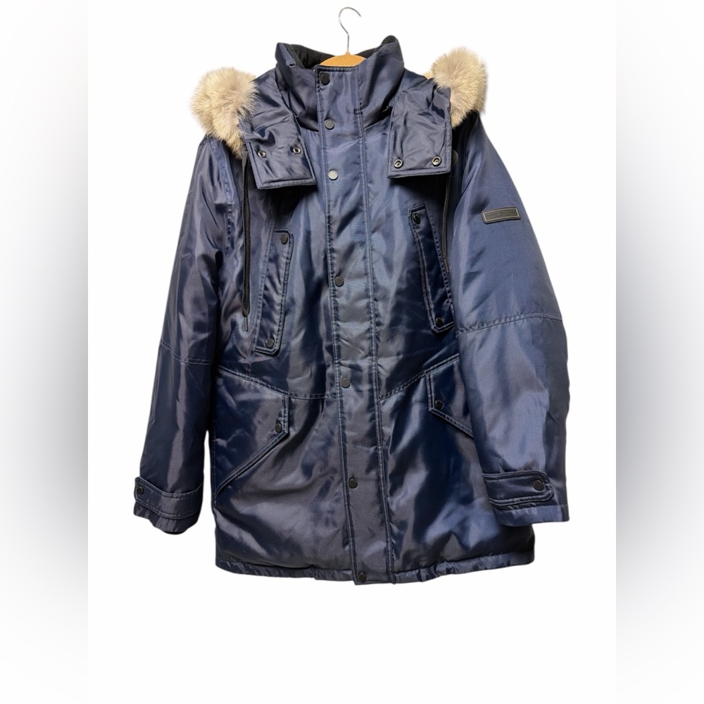 Andrew Marc Navy Puffer Jacket with Faux Fur Trim